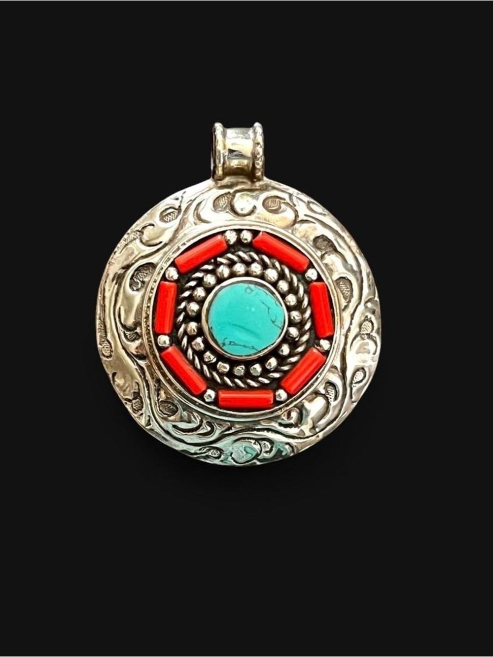 Large Southwestern Turquoise & Coral Tibetan Silver Medallion Pendant